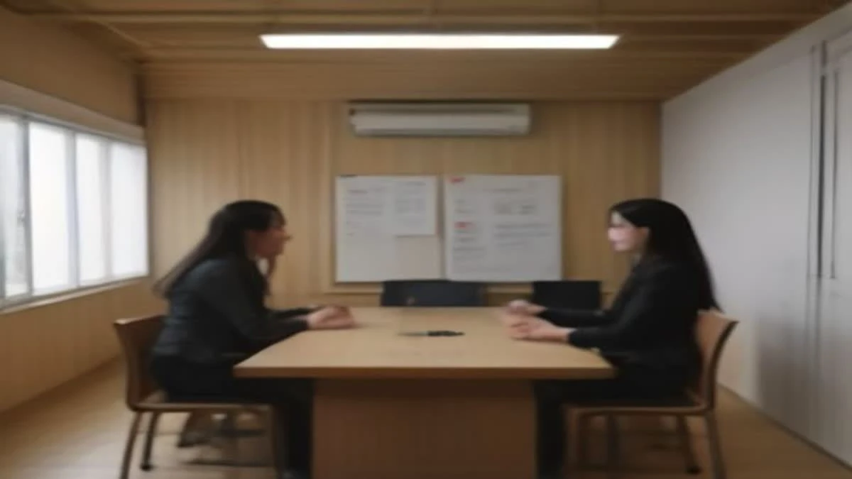 Photograph: medium shot of a small office meeting with two people reviewing printed charts on a desk