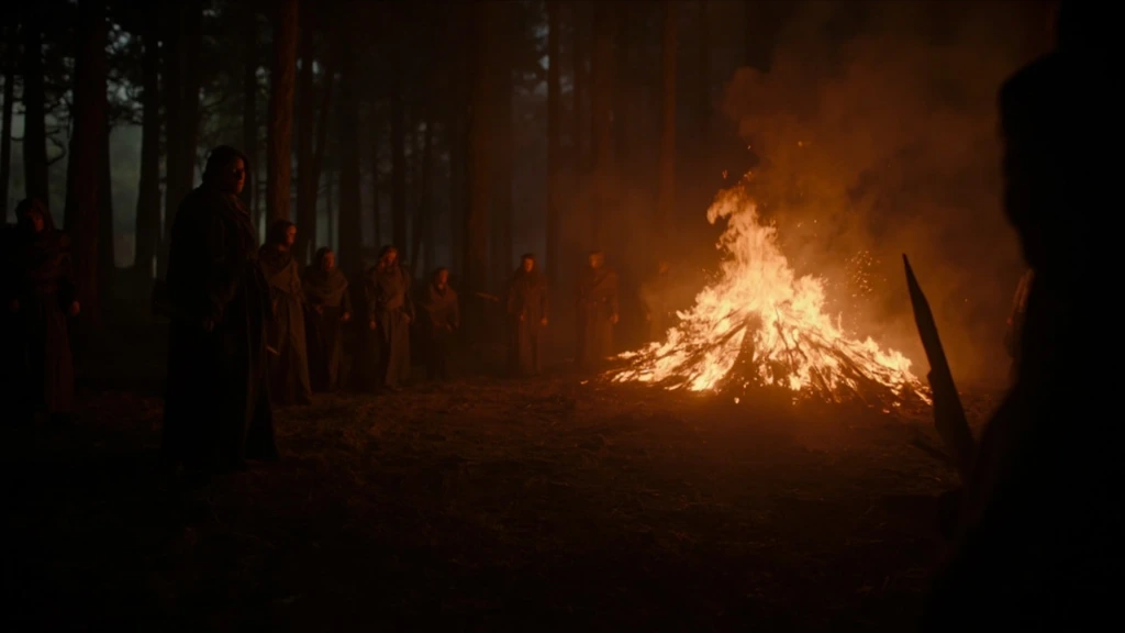 Atmospheric still of a nighttime pyre ritual from The Pyre of Arawn, fog drifting through a pine forest