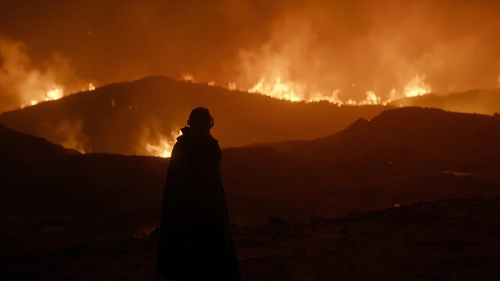Wide film still from the latest Mythic Fire feature, a figure in leather cloak at the edge of a smoldering ash field at dusk