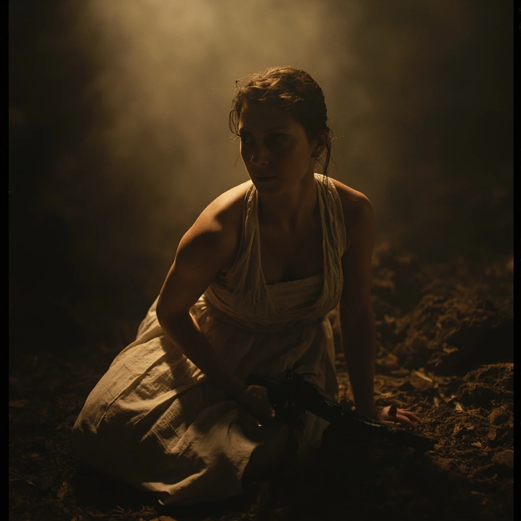 Portrait film still of a woman kneeling beneath an oak holding a blackened iron blade in moonlight