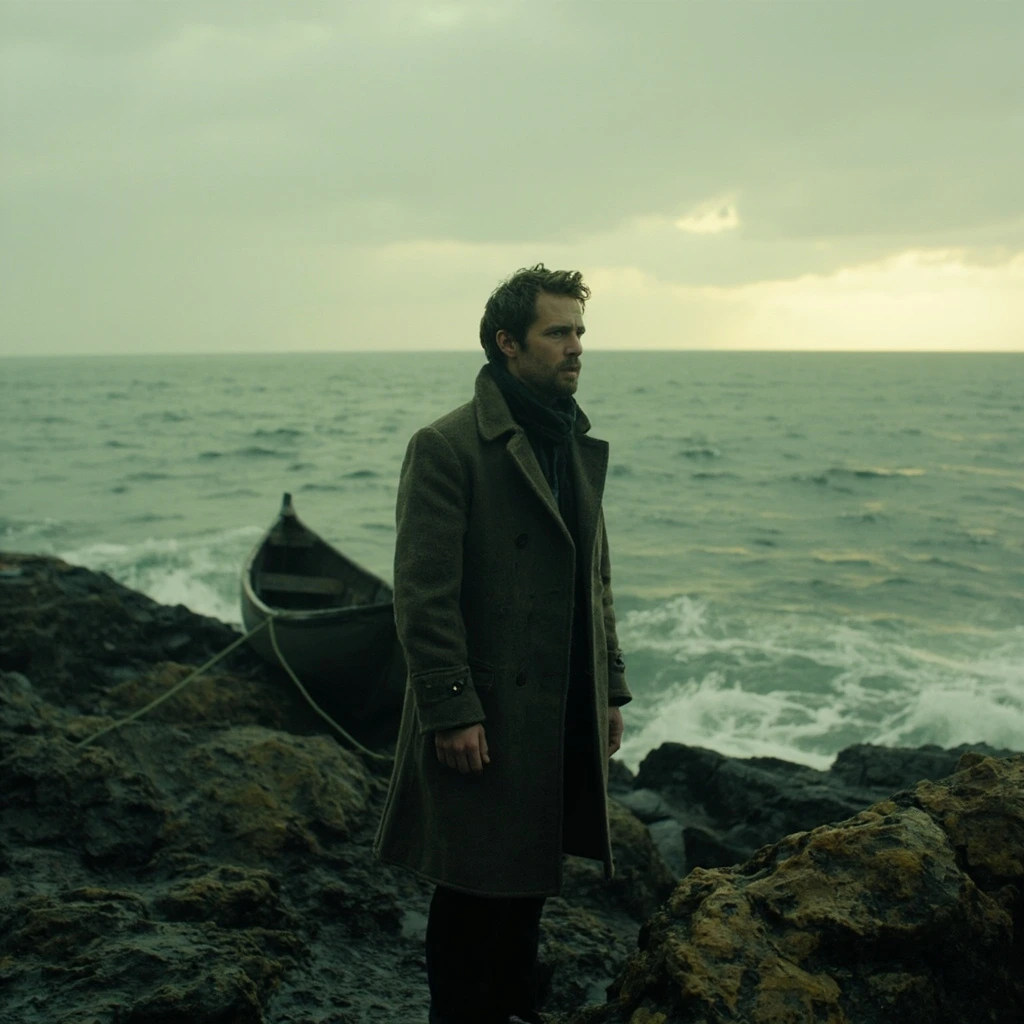 Portrait film still of a young man in a wool coat on a rocky coastline beside a small wooden boat