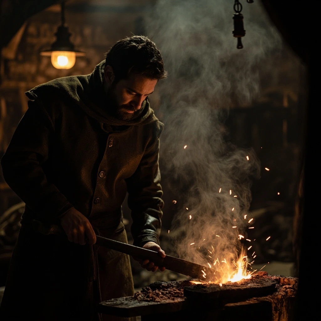 Still from The Anvil of Vows — a smith at night
