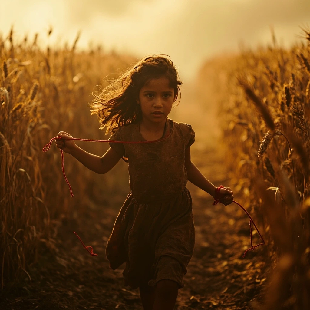 Still from Thread of Ariadne — a child in wheat at golden hour