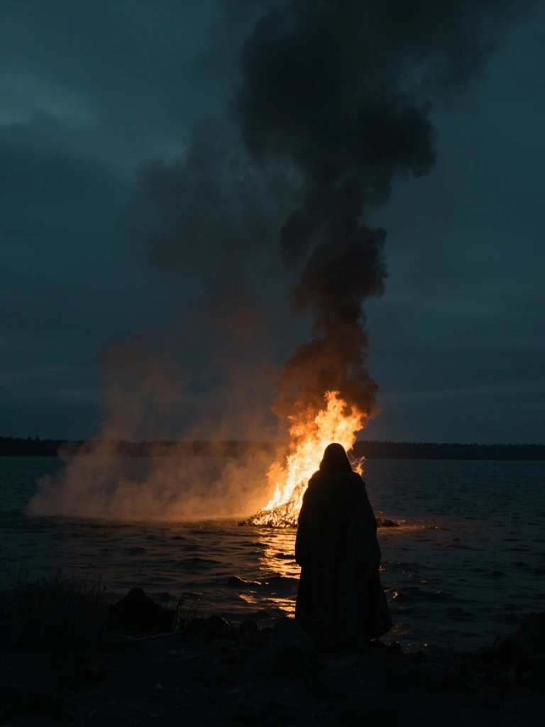 A solitary ritual pyre burns at the edge of a black lake in The Pyre of Arawn.