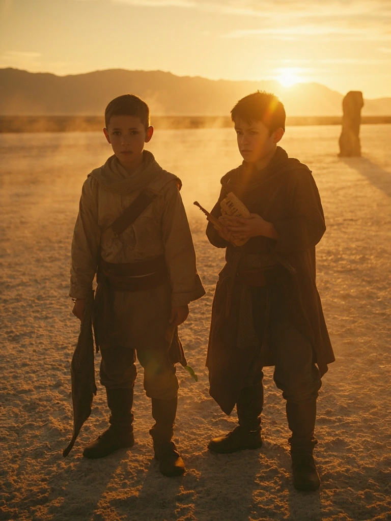 Two children on a salt-flat at golden hour in The Salt Inheritance.