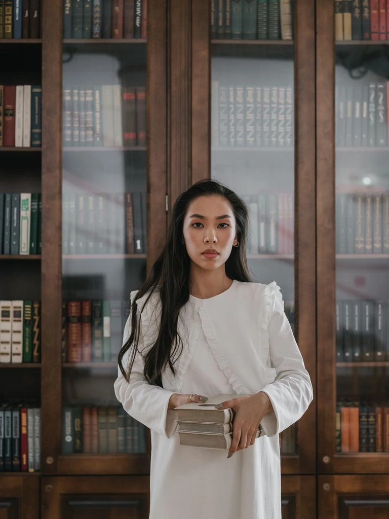 Folklore scholar at a reading desk surrounded by mythology books